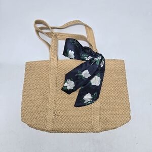Draper James Tan Woven Tote with Navy Accent Scarf